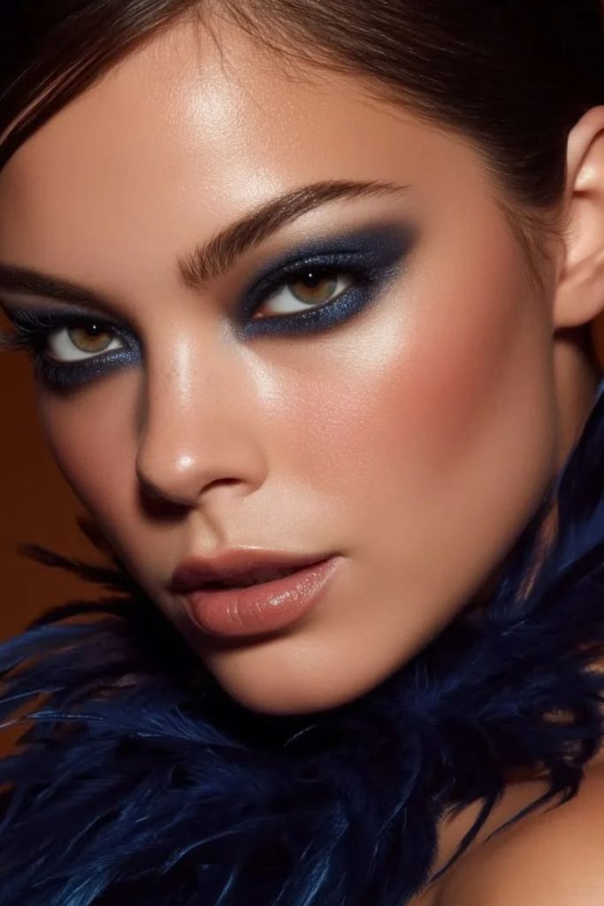 Smoked sapphire jewel-toned siren eye makeup.