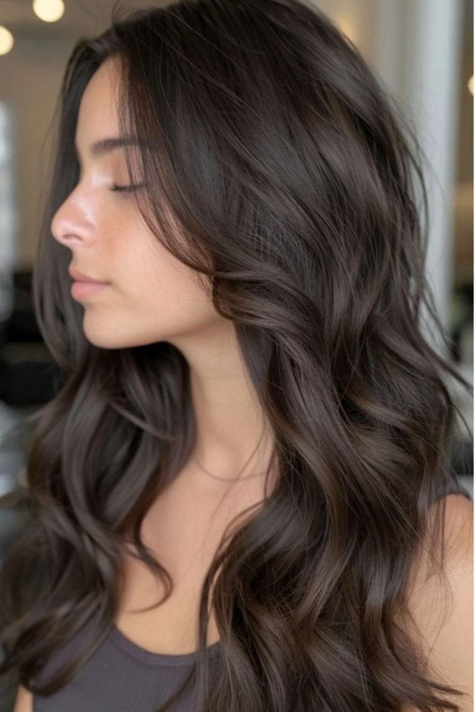 Smoky espresso brown layered hairstyle.