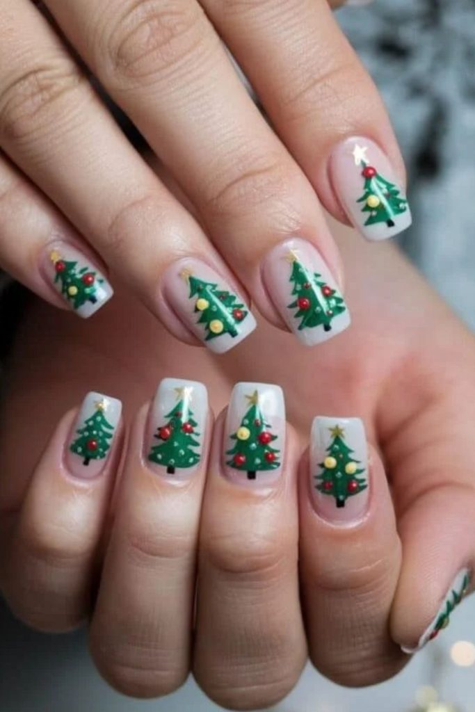 Snow globe Christmas tree nail art.
