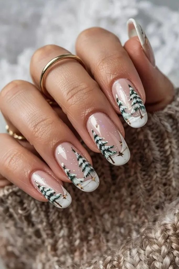 Snowy evergreen Christmas tree nail art.
