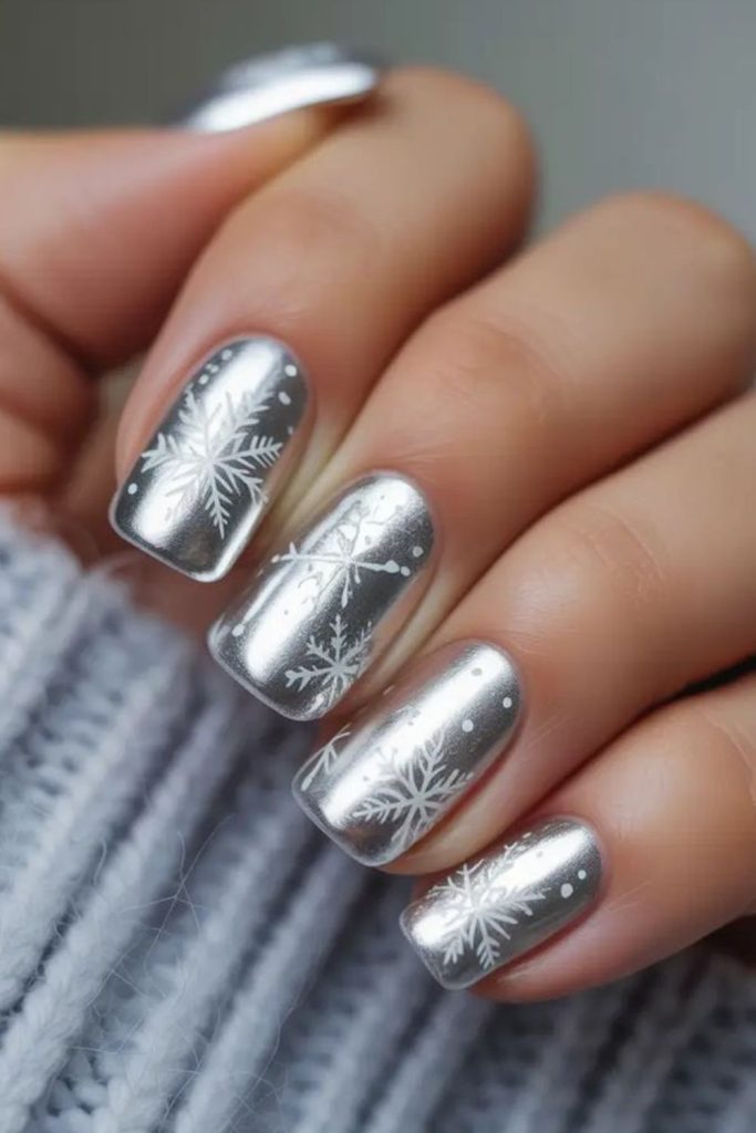 Chrome silver snowflake queen nails.