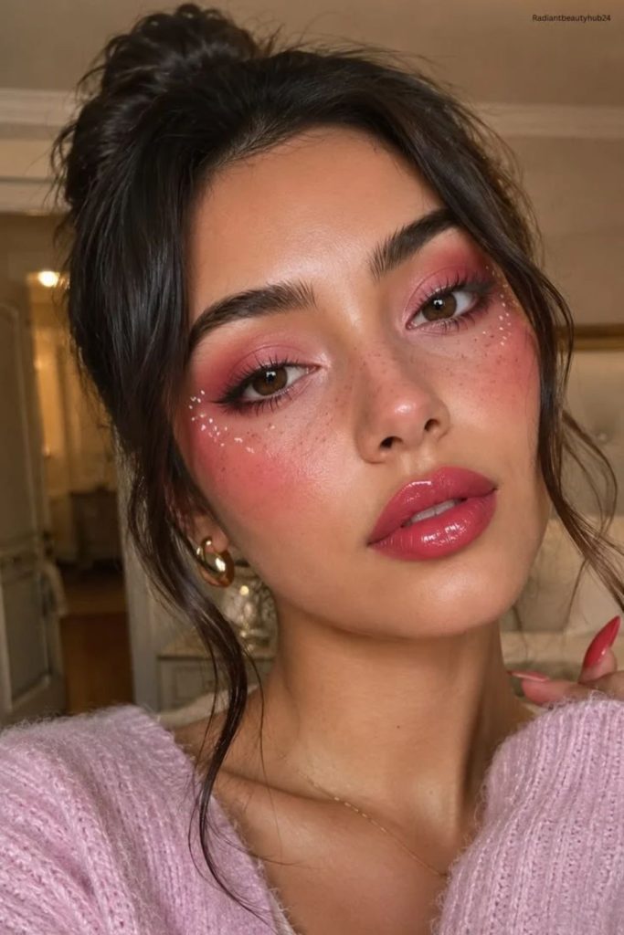 Snowy strawberry crush makeup look.