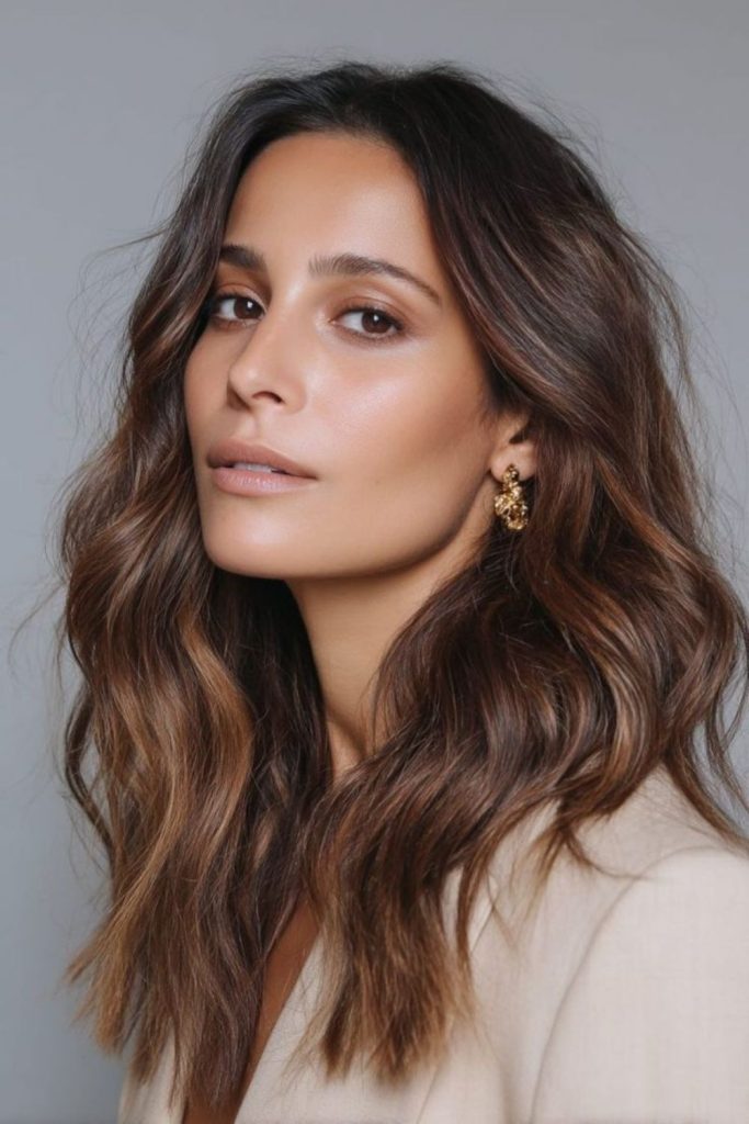 Soft cocoa bronde hair with blonde ribbons.