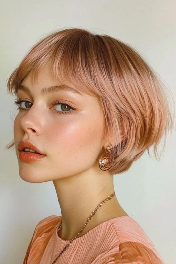 Soft rose layered pixie bob.