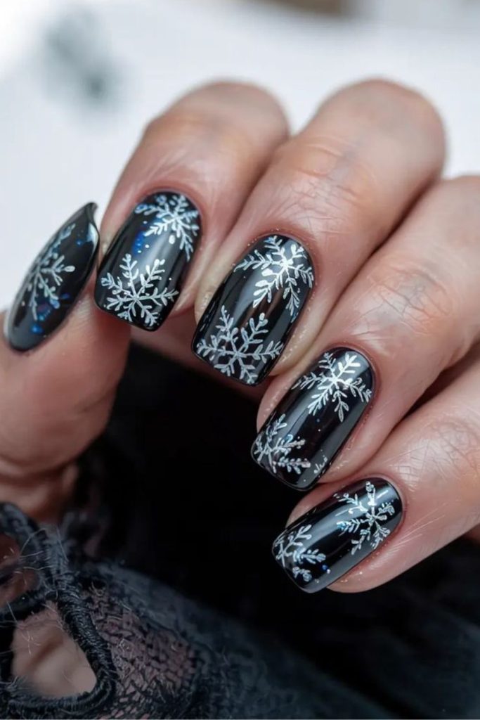 Dark starry winter snowflake nails.