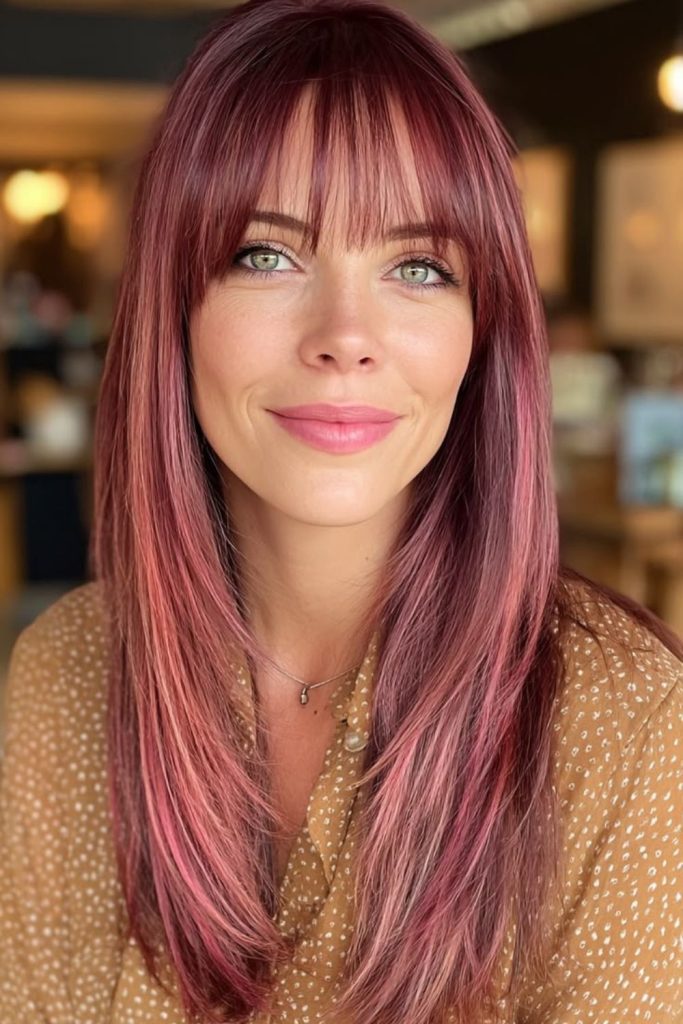 Strawberry rose gold layered hairstyle.