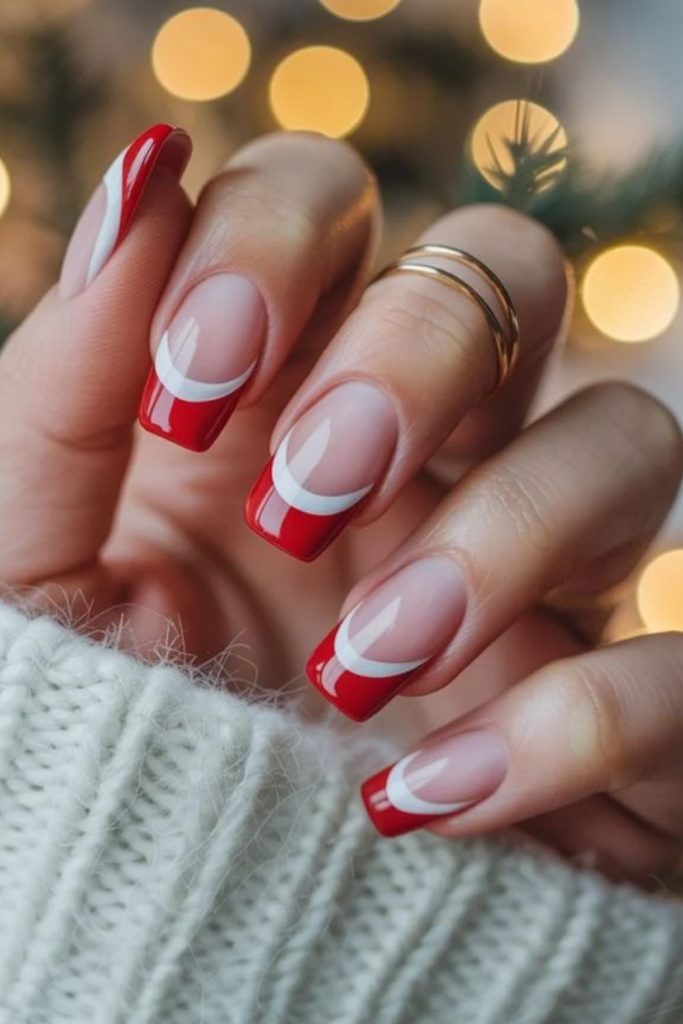 Sugared peppermint striped Christmas tip nails.