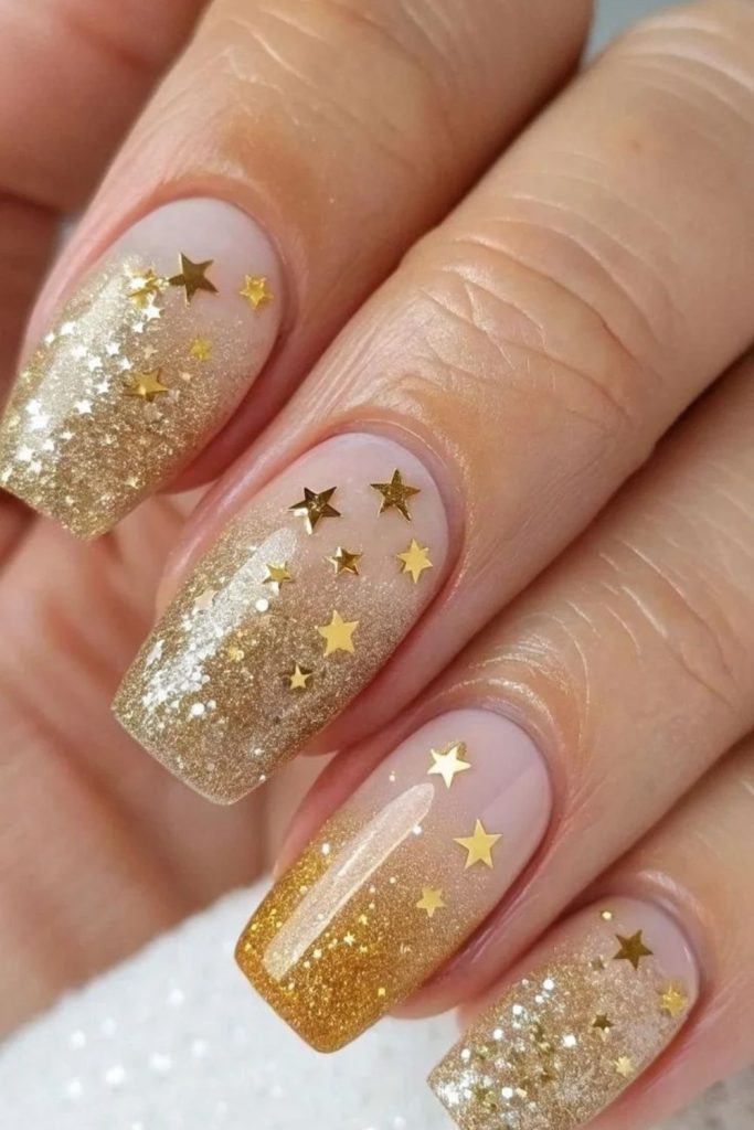 Sunbeam gold glitter nail design