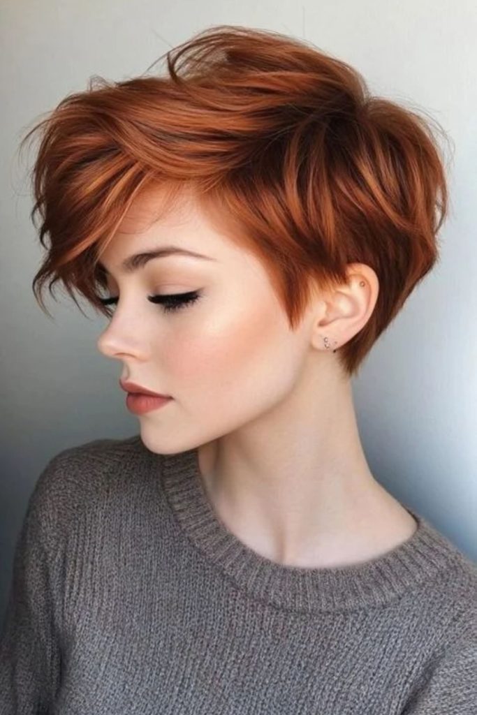 Textured copper pixie bob haircut.