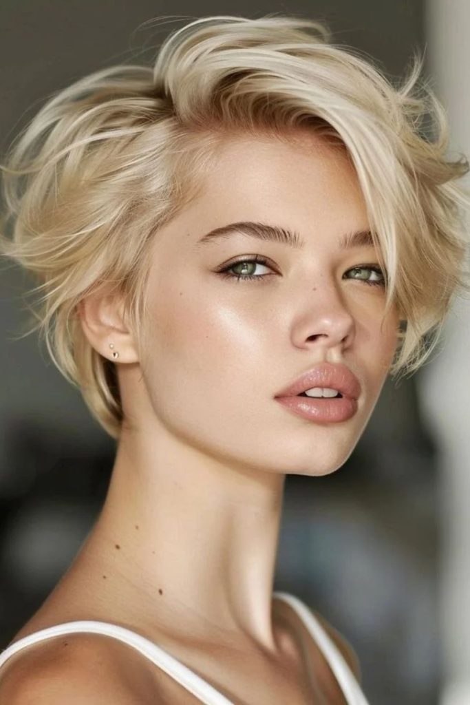 Tousled blonde cloud pixie bob.
