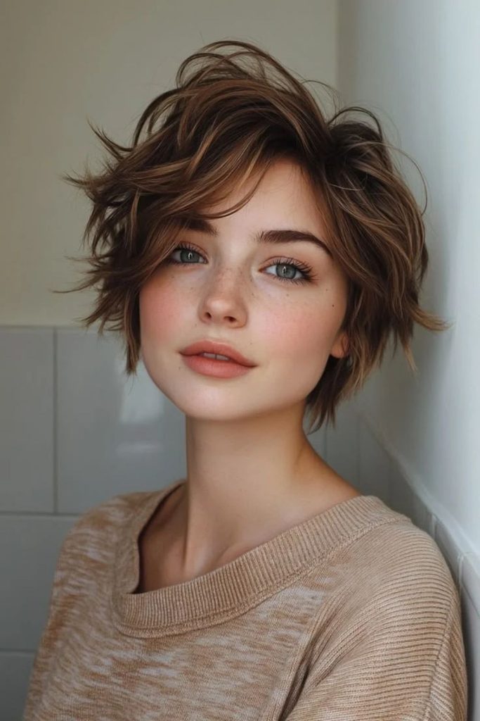 Tousled cocoa pixie bob hairstyle.