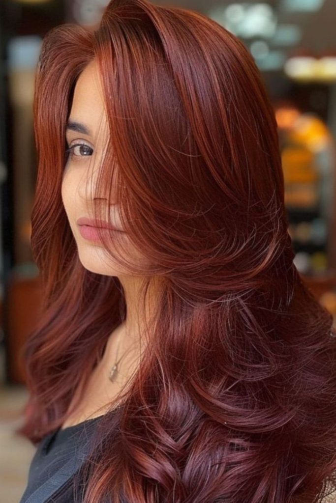 Auburn velvet hair with copper warmth.