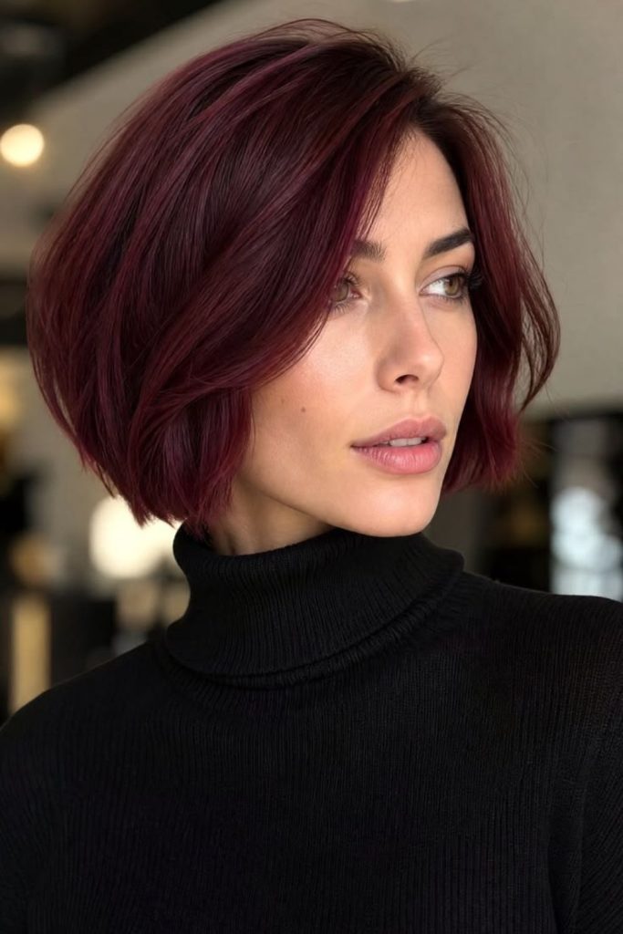 Velvet burgundy bob with sleek finish.