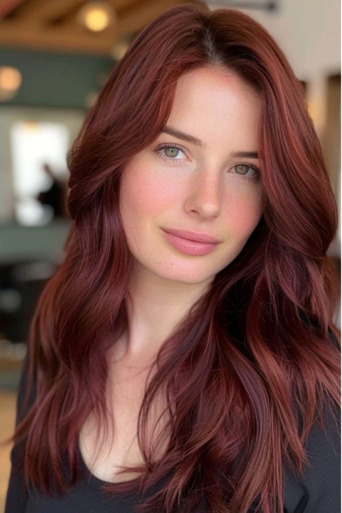 Cherry cola velvet hair with shine.