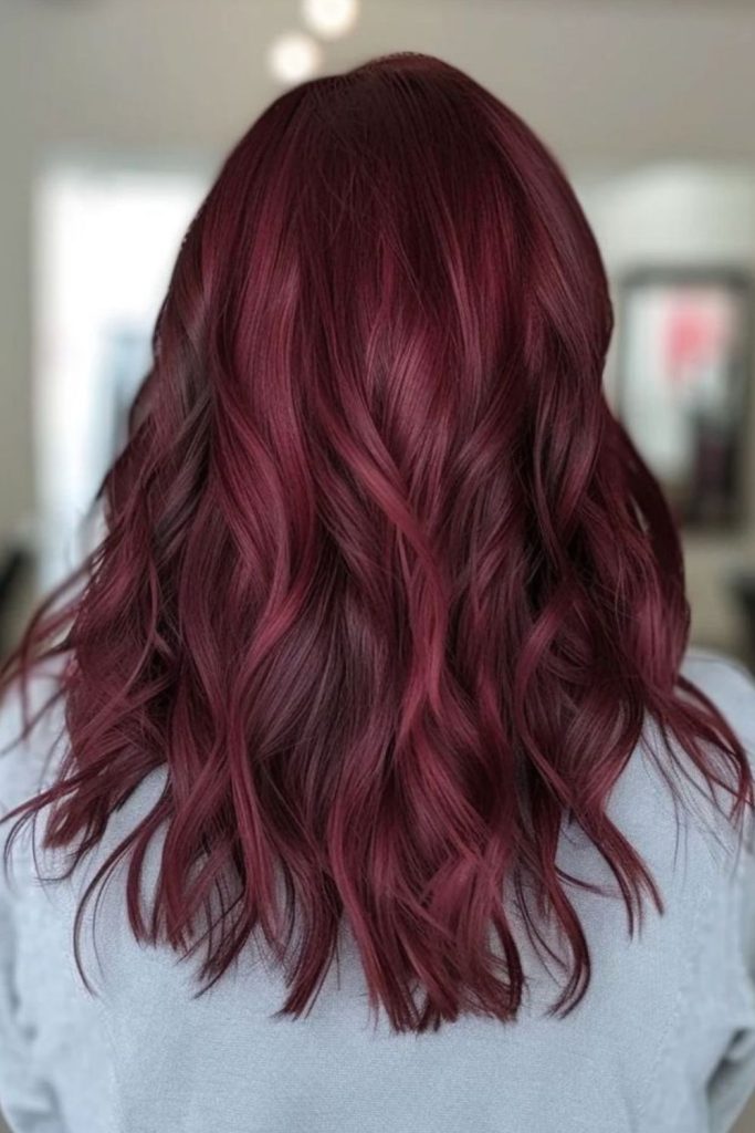Cranberry velvet hair with vibrant texture.