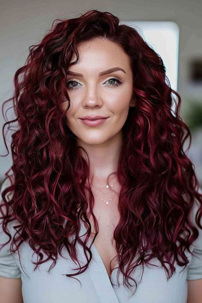 Merlot velvet curls with deep shine.