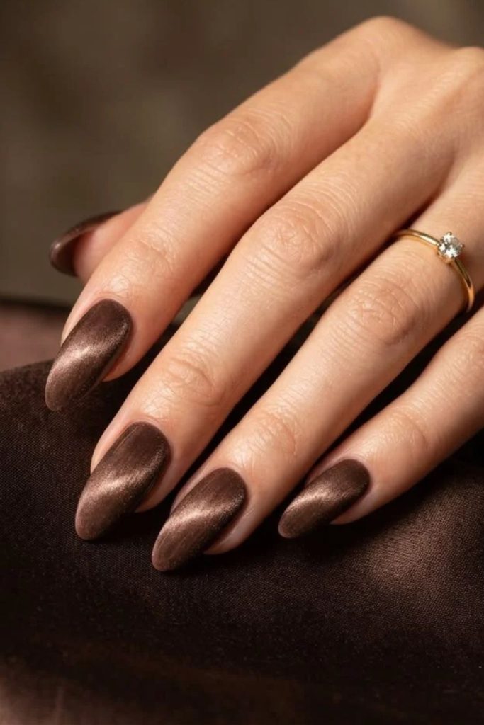 Velvet mocha nails with glossy finish.