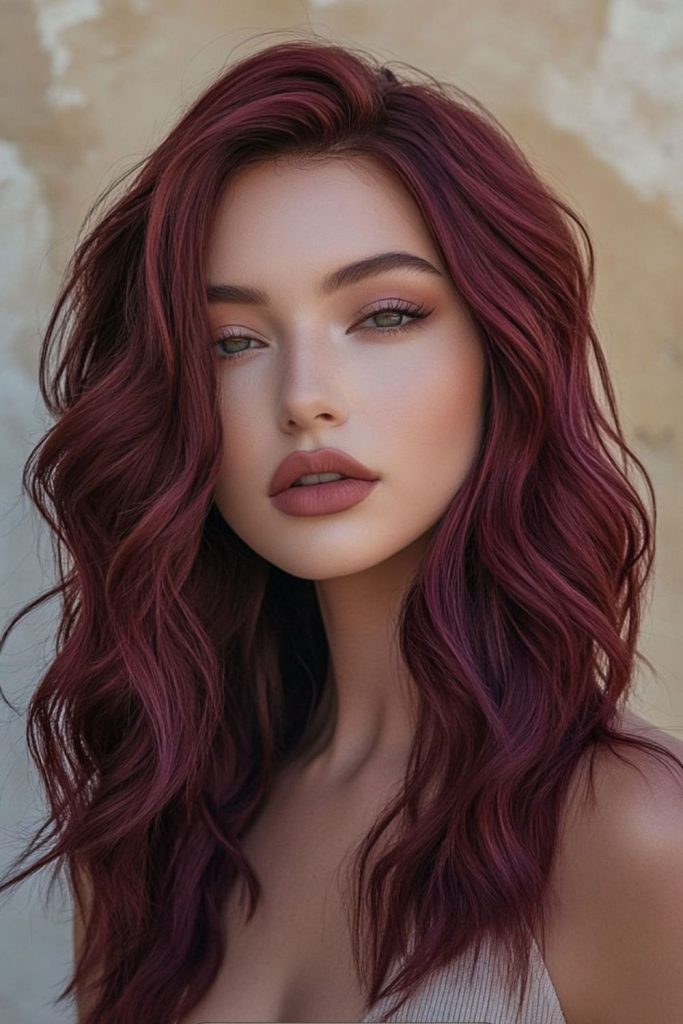 Raspberry burgundy velvet hair with waves.