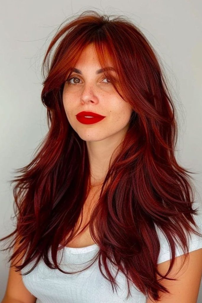 Velvet red curtain bangs with waves.