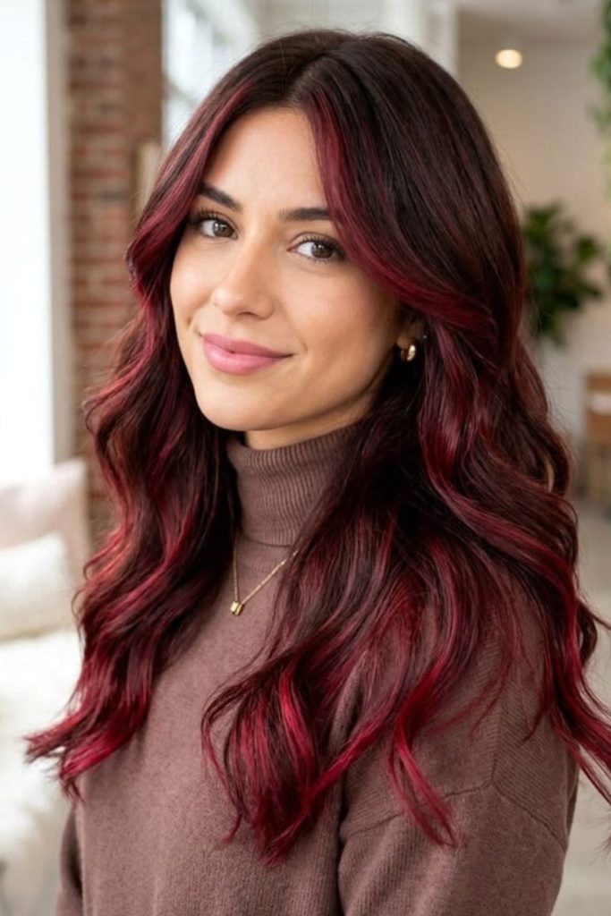Ruby velvet balayage with luminous accents.
