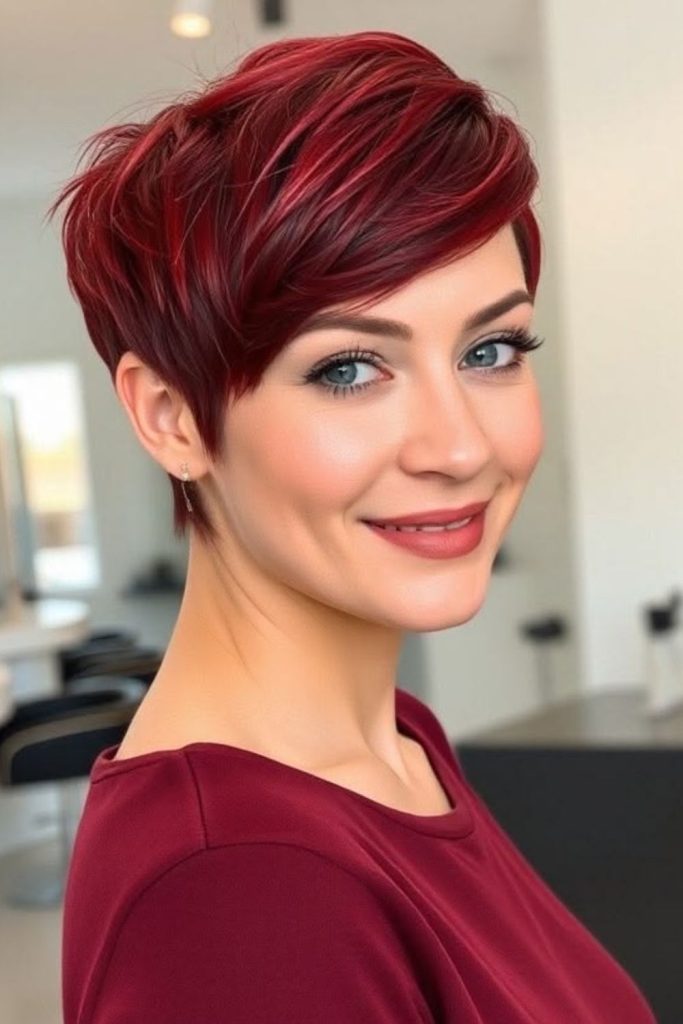 Scarlet velvet pixie with textured layers.