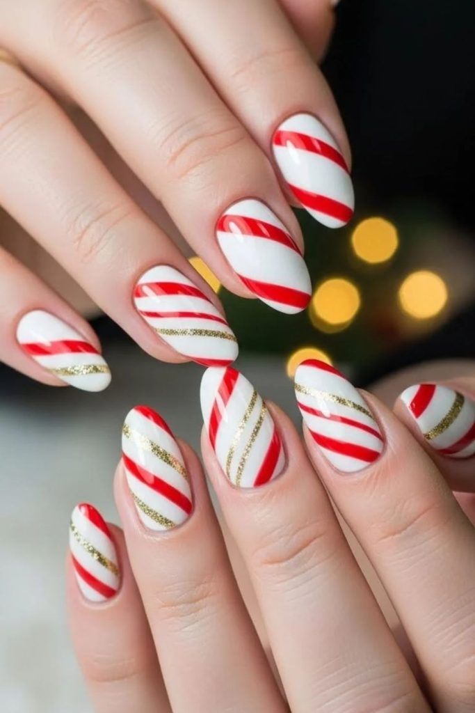Vintage red white peppermint Christmas nails.