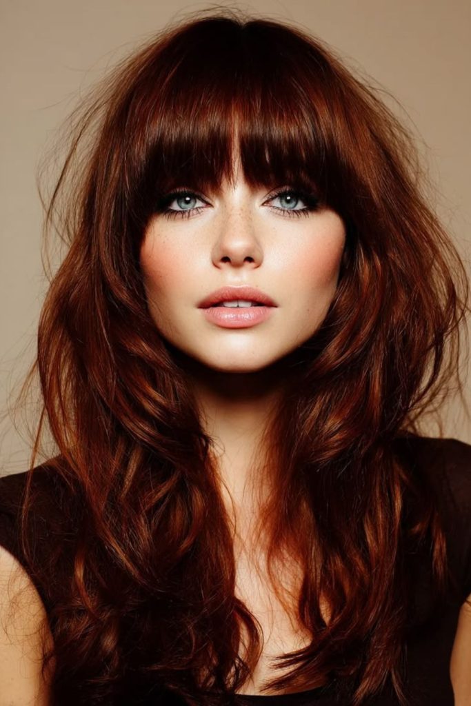 Warm mahogany shag with copper highlights.