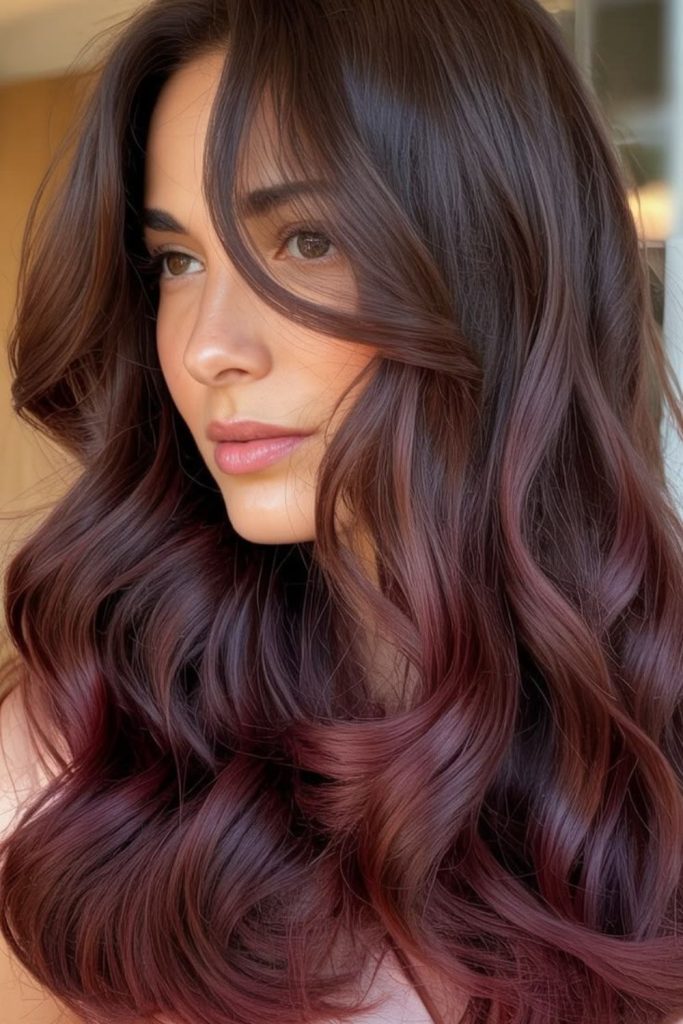 Warm plum curls with copper undertones.