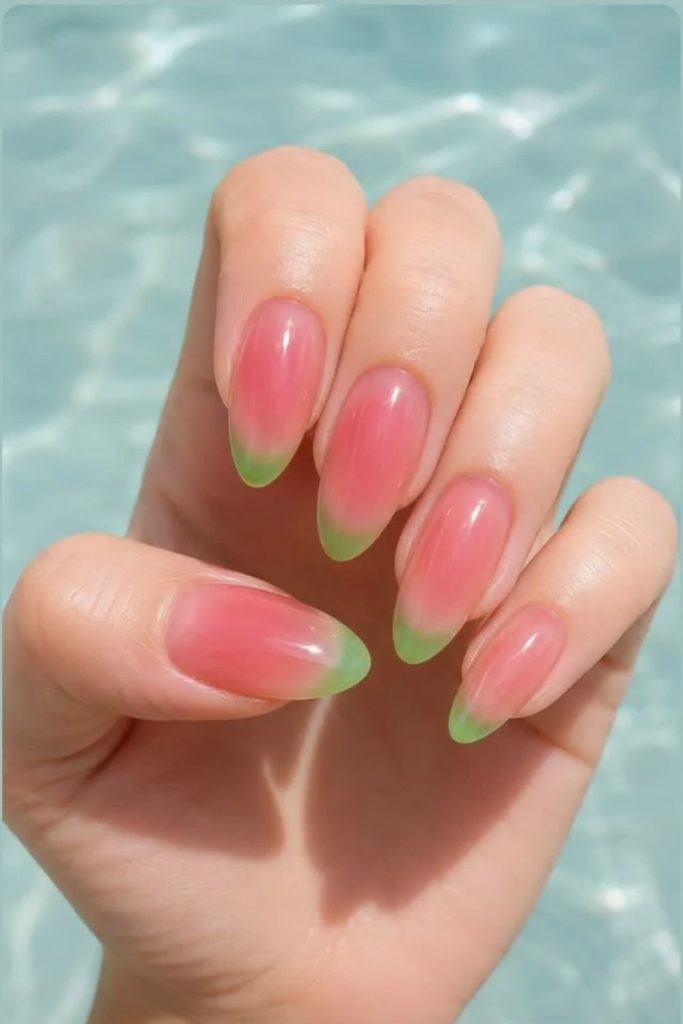 Bright watermelon candy jelly nails.