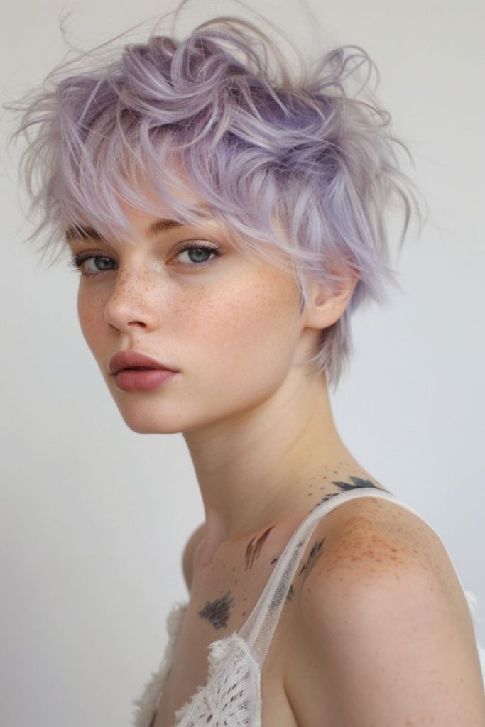 Wispy lavender pixie bob haircut.