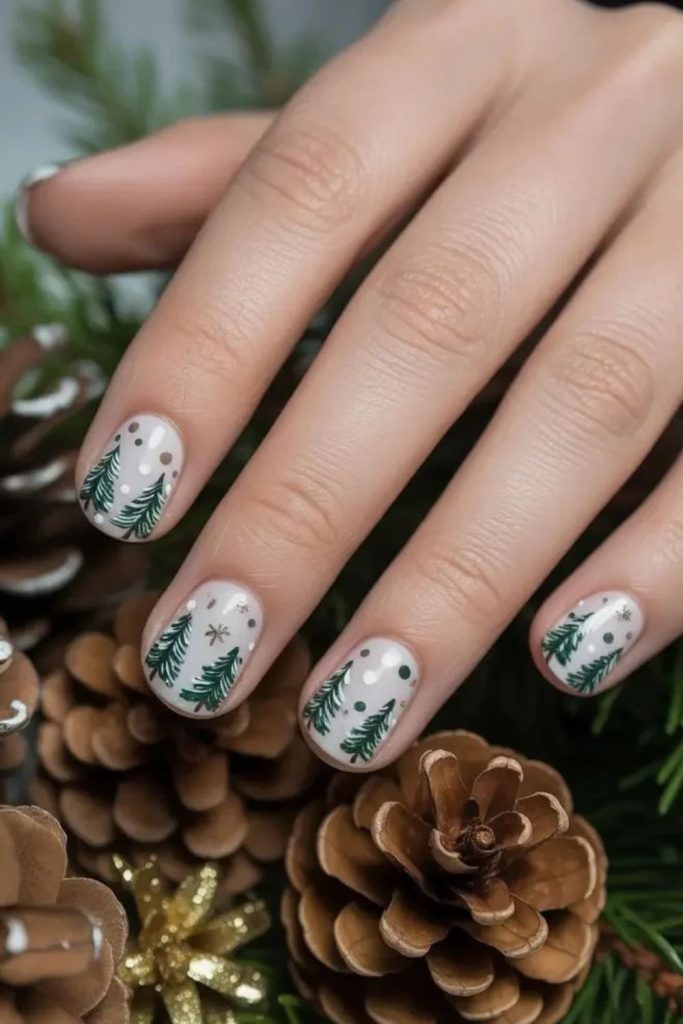 Woodland Christmas tree sketch nail art.