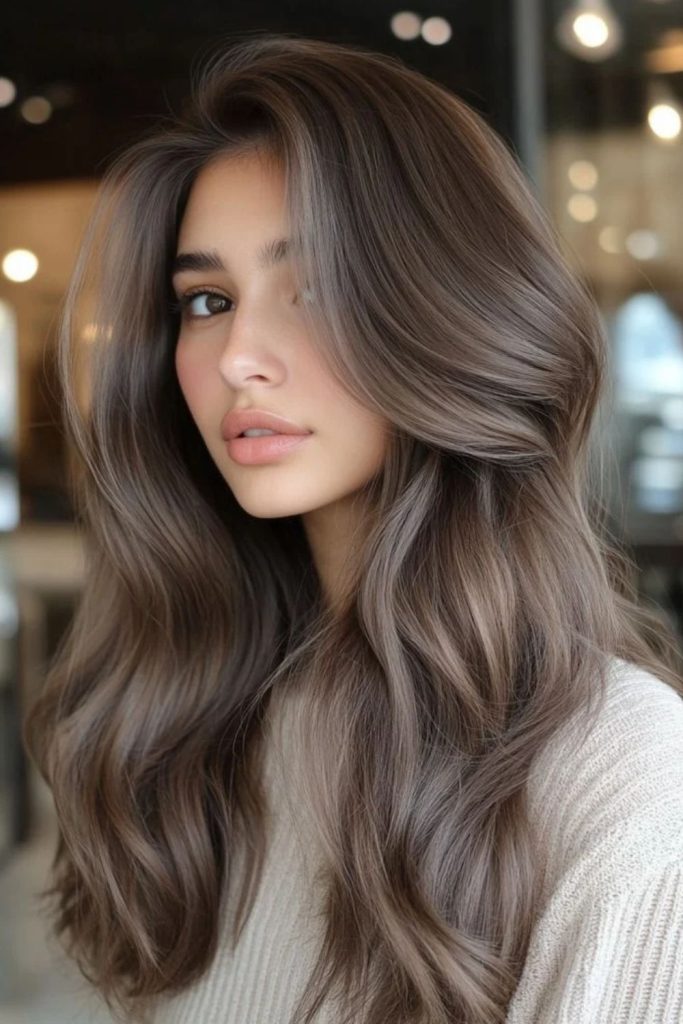 Ashy mocha brown hair with cool undertones.