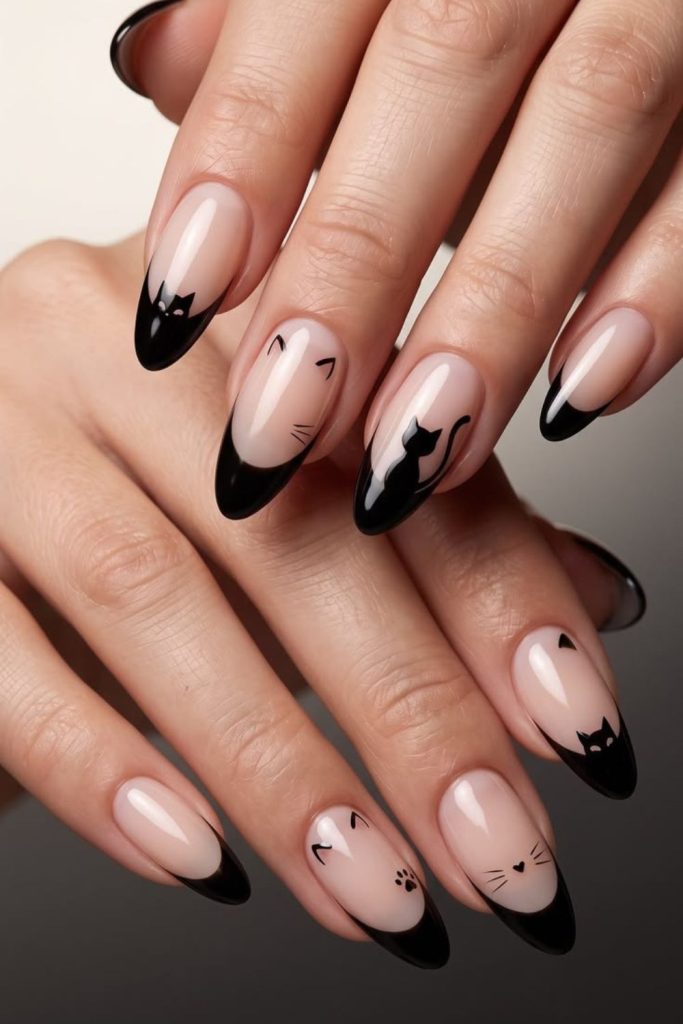 Black cat French tip manicure