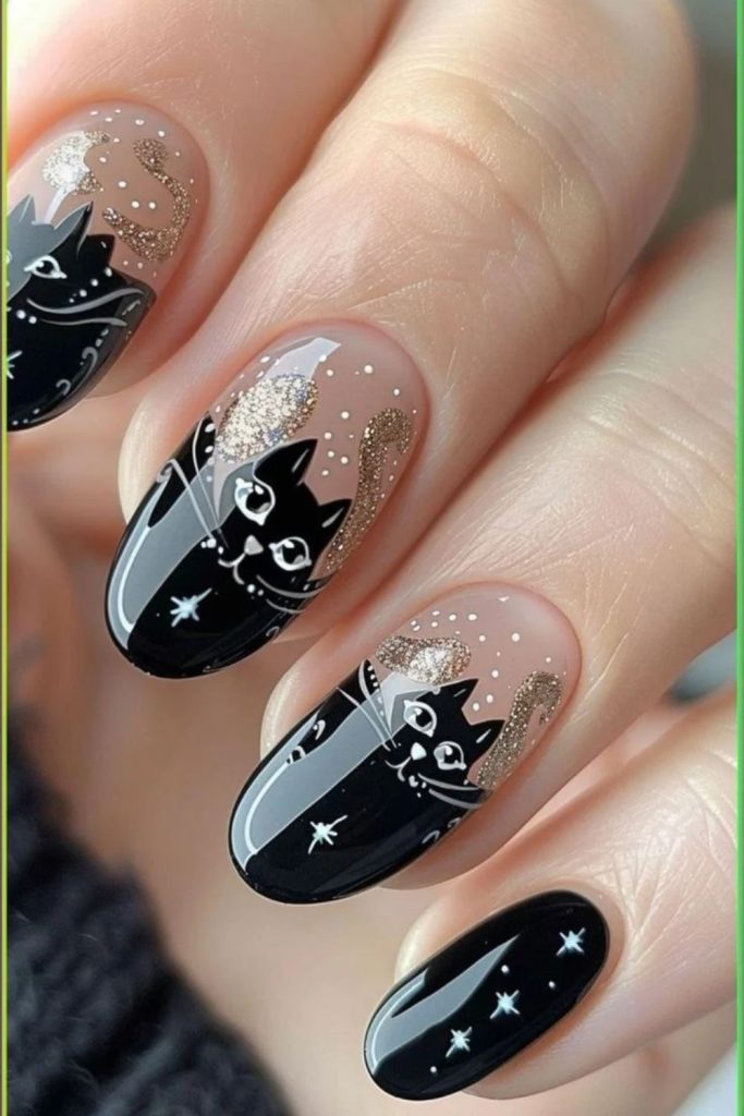 Glitter noir black cat nails