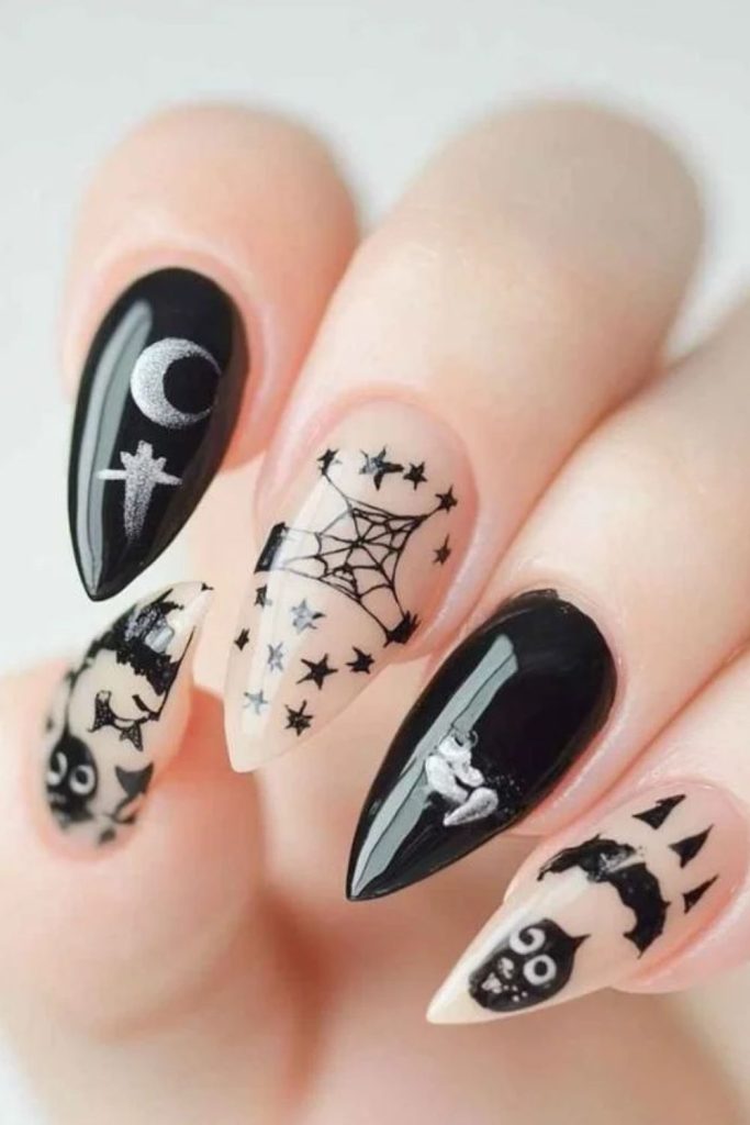 Lace black cat gothic nails