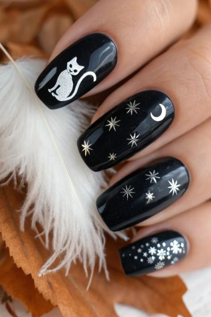 Magical black cat spellbook manicure