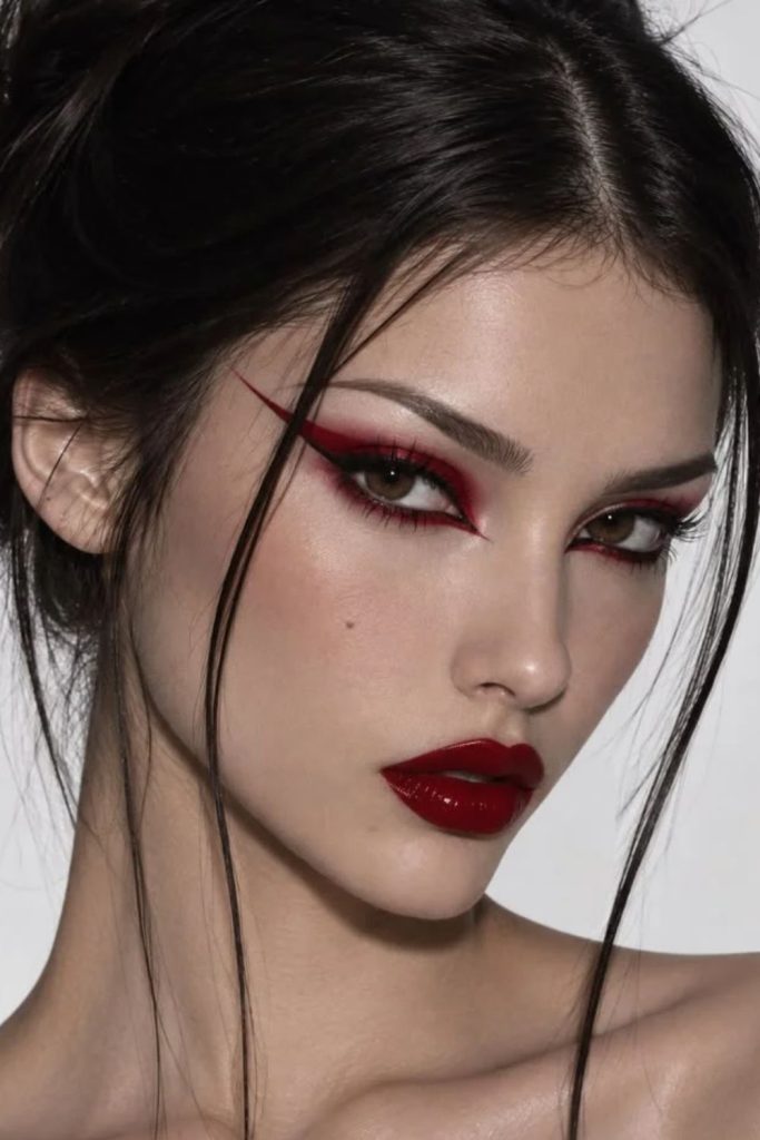 Bold cherry red graphic eyeliner makeup.