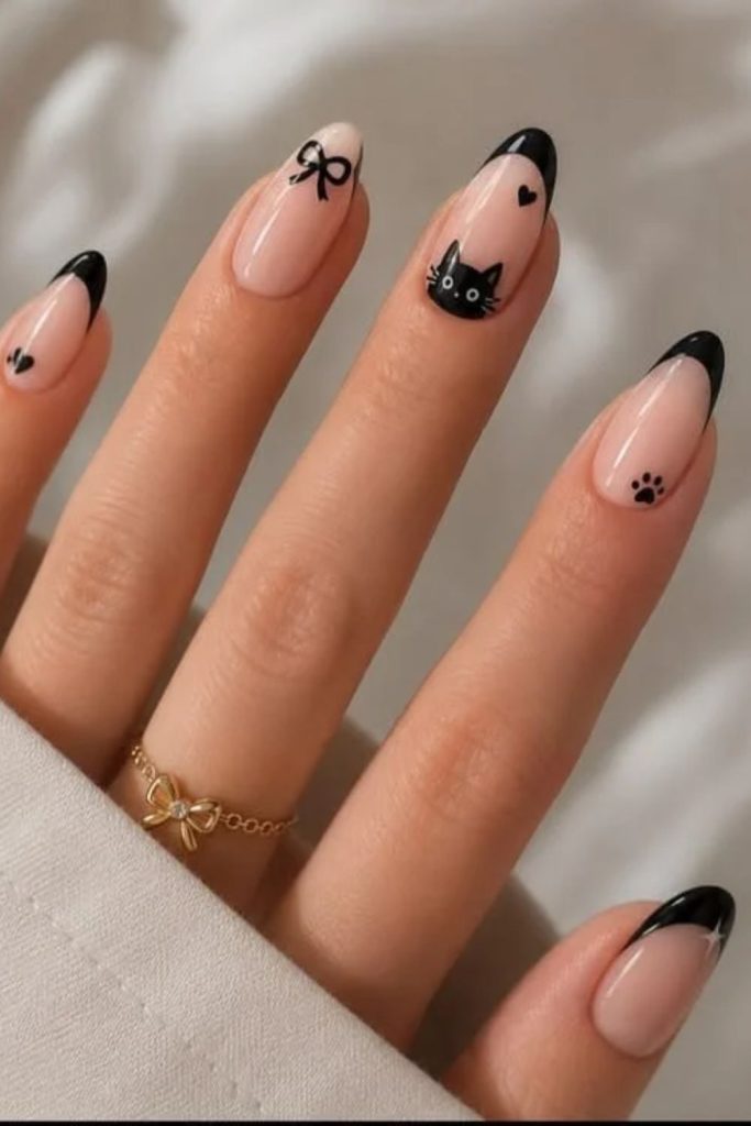 Bow-tied cute black kitty nails