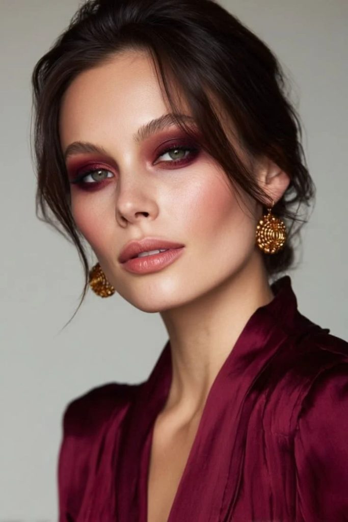 Burgundy smoky eyes with sultry shadows.