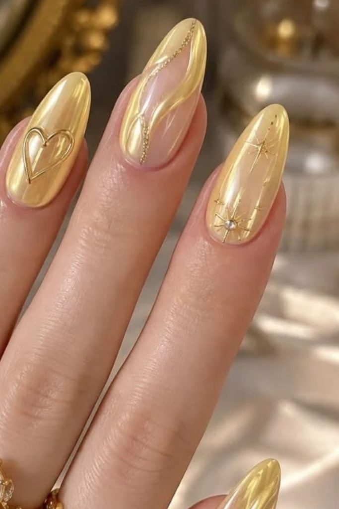 Butter yellow chrome flame nails.