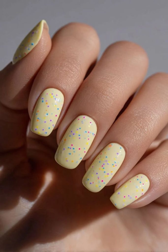 Butter yellow colorful confetti nails.