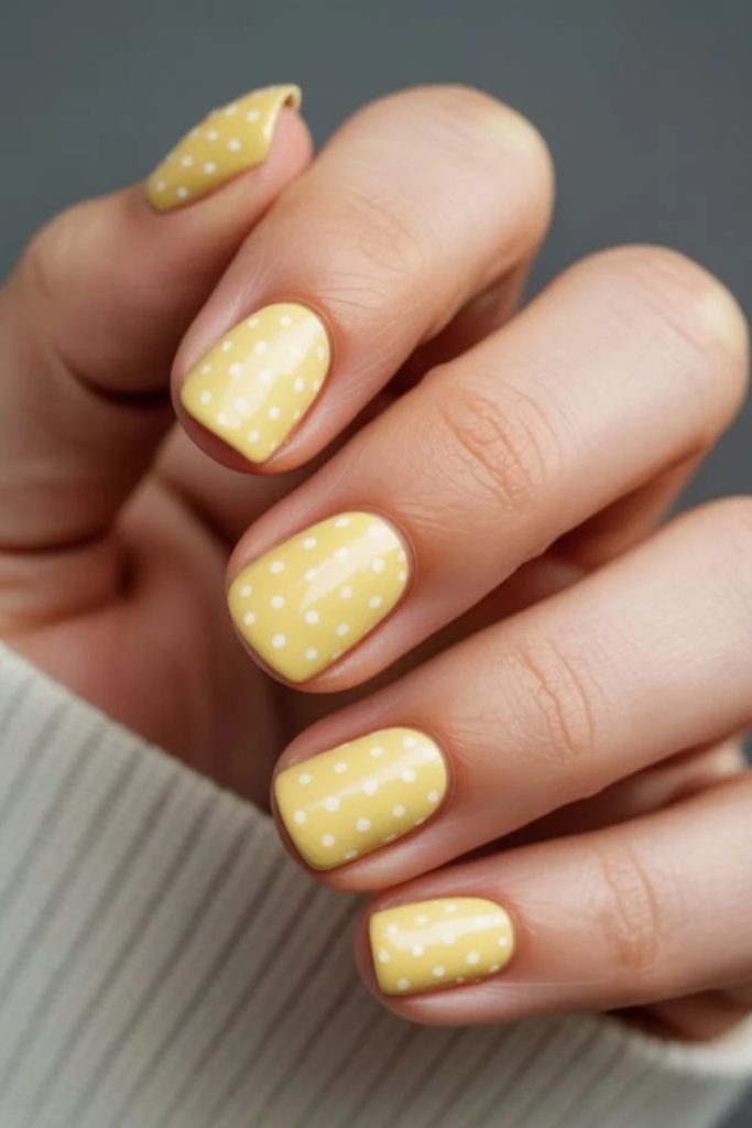 Butter yellow polka dot manicure.