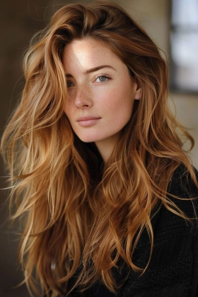 Black hair with butterscotch balayage highlights.