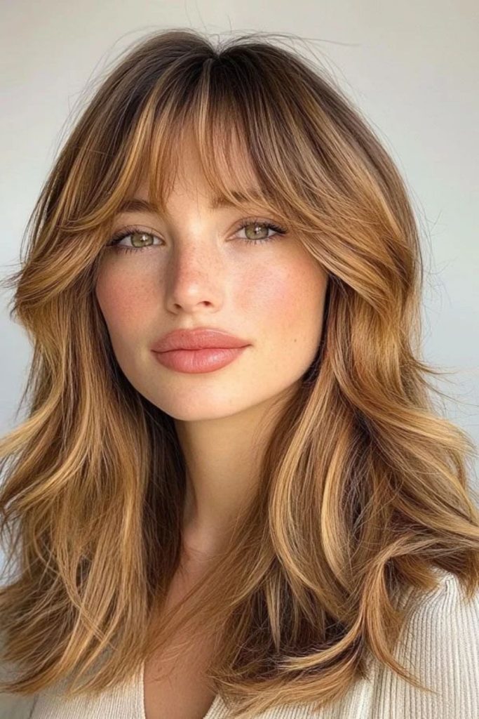 Butterscotch blonde with soft curtain bangs.