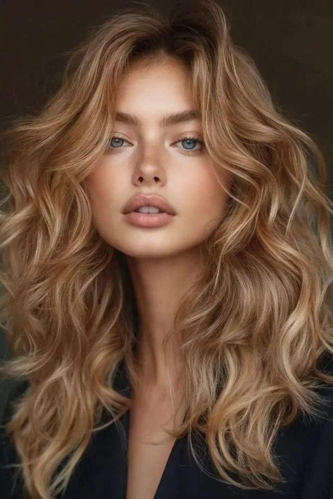 Champagne blonde hair with butterscotch tones.