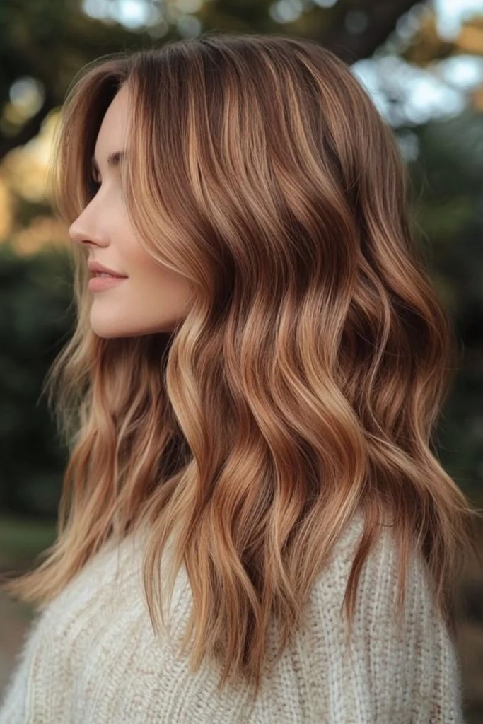 Warm butterscotch copper hair with soft waves.