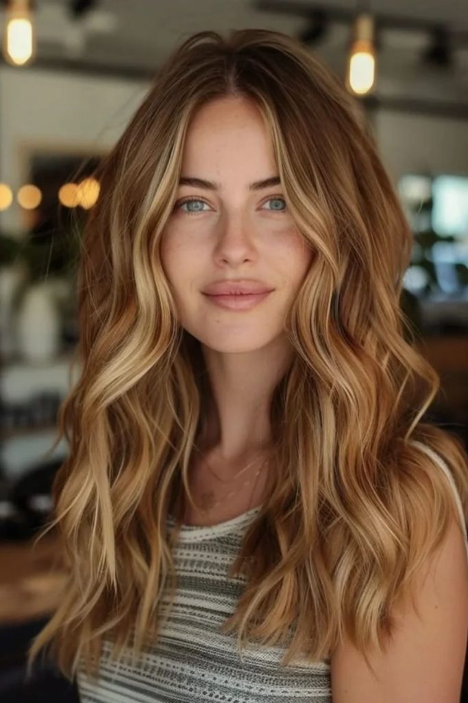 Golden brown hair with butterscotch tones.