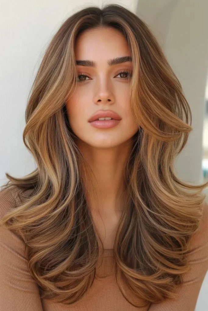 Face-framing layers with golden butterscotch highlights.