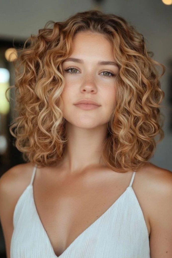 Curly hair with golden butterscotch highlights.