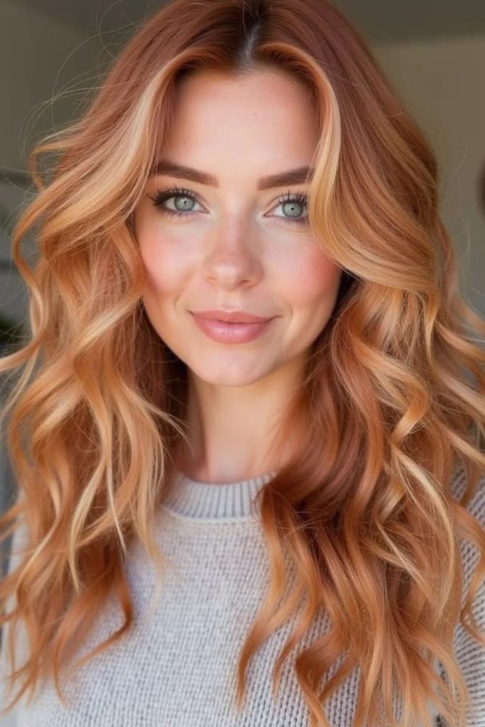 Hidden butterscotch peekaboo highlights beneath brunette hair.